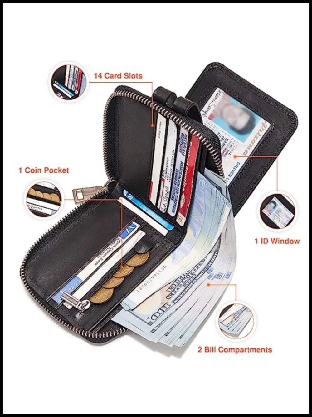 Genuine Leather Zipper Wallet RFID Blocking Bifold with Coin Pocket